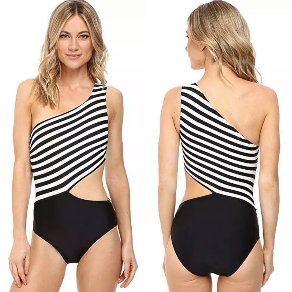 Michael MK Stable Striped Cutout One Shoulder swim